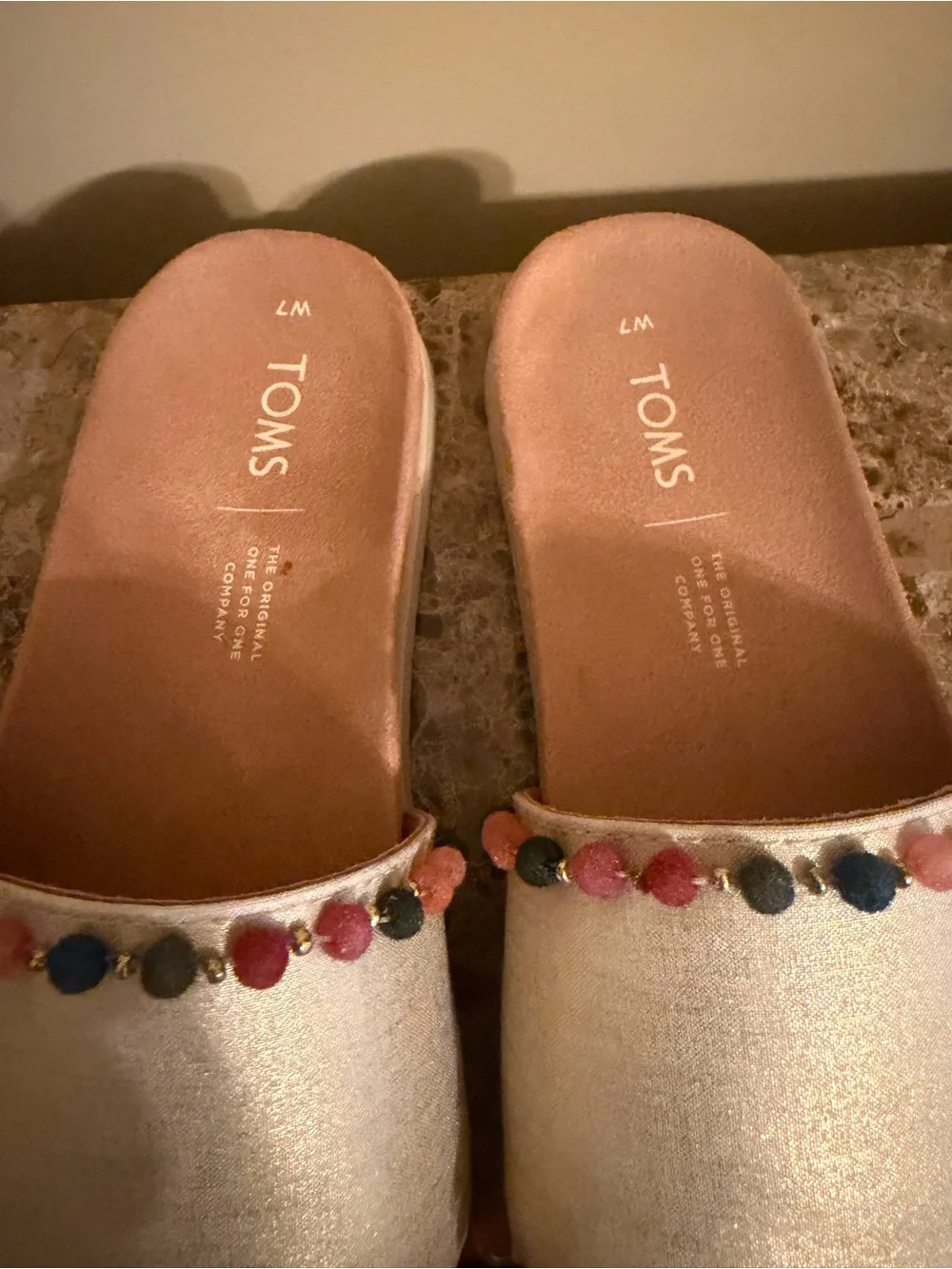 TOMS Cream Slide Sandals with Multicolor Bead Trim